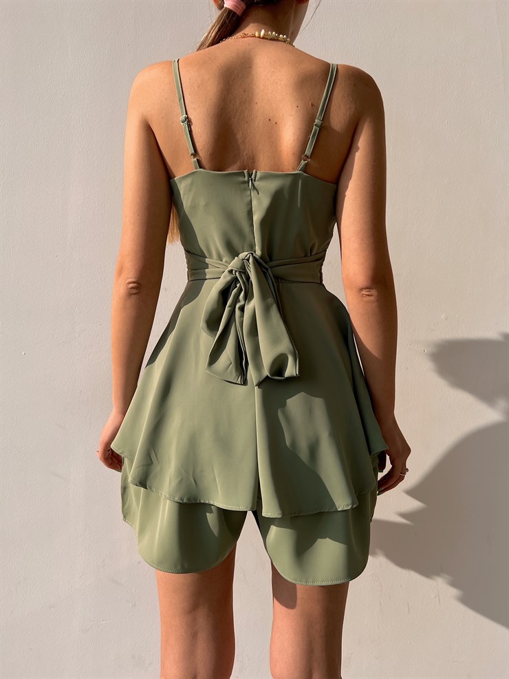 Dökümlü Yaka Eteği Fırfırlı Heather Kadın Mint Şort Tulum 22Y000033