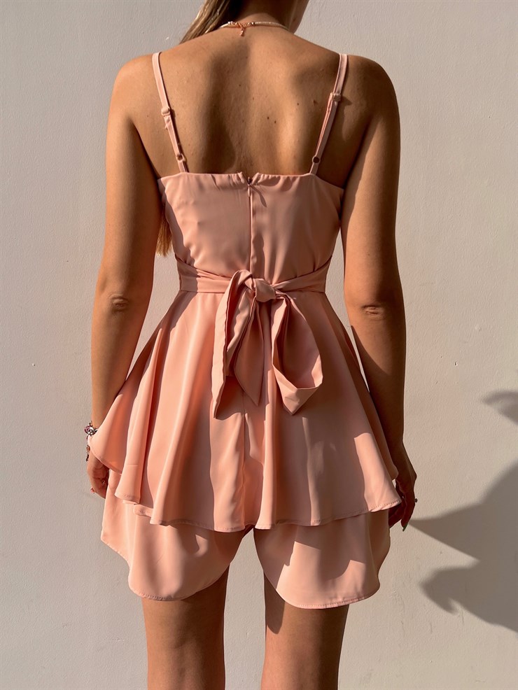 Dökümlü Yaka Eteği Fırfırlı Heather Kadın Pudra Şort Tulum 22Y000033