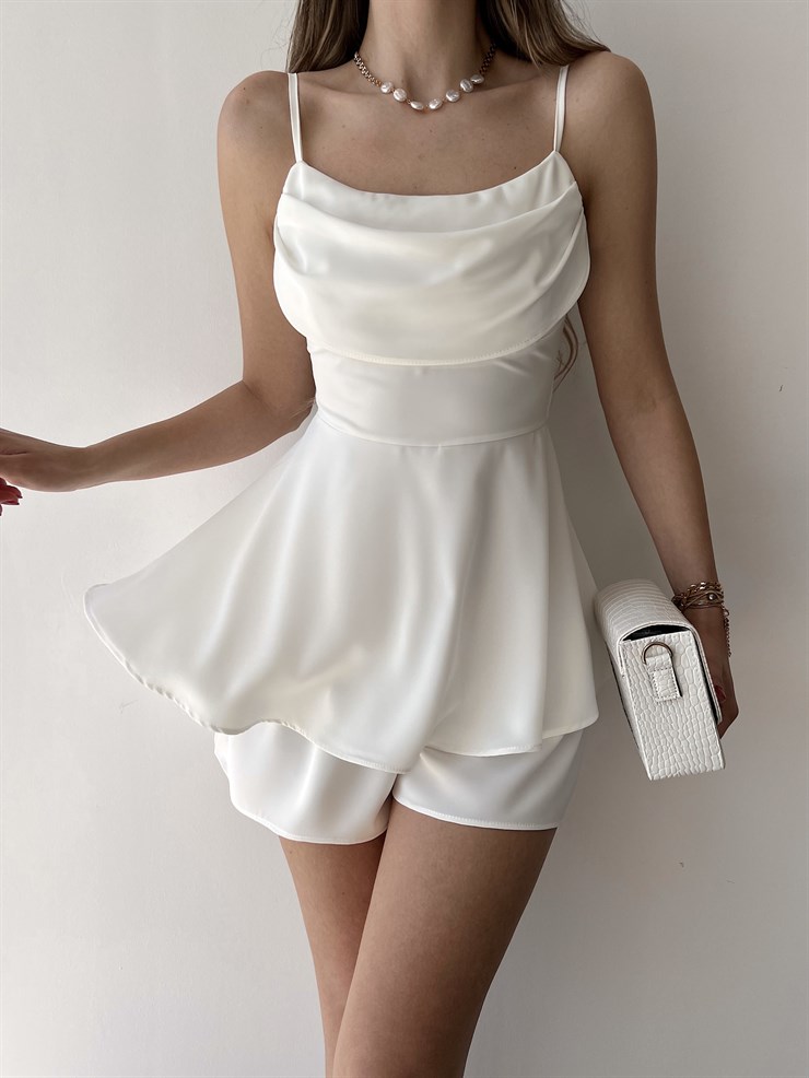 Dökümlü Yaka Eteği Fırfırlı Heather Kadın Beyaz Şort Tulum 22Y000033