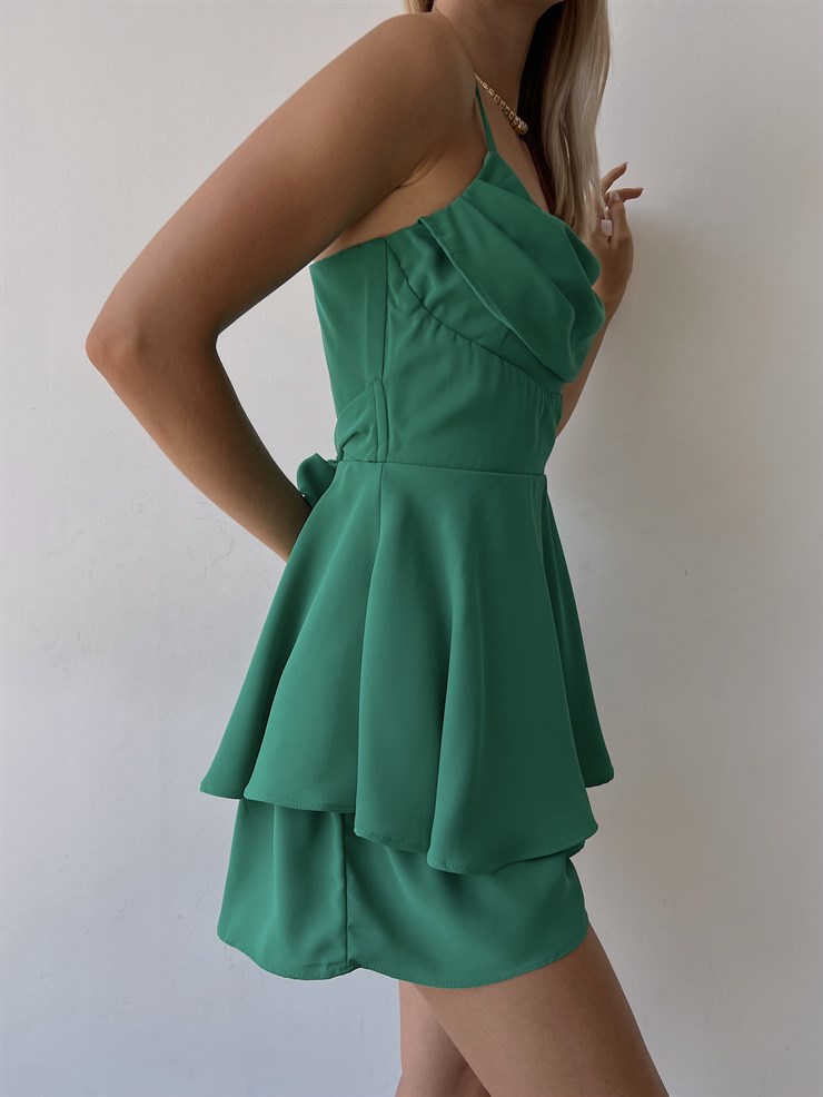 Dökümlü Yaka Eteği Fırfırlı Heather Kadın Yeşil Şort Tulum 22Y000033