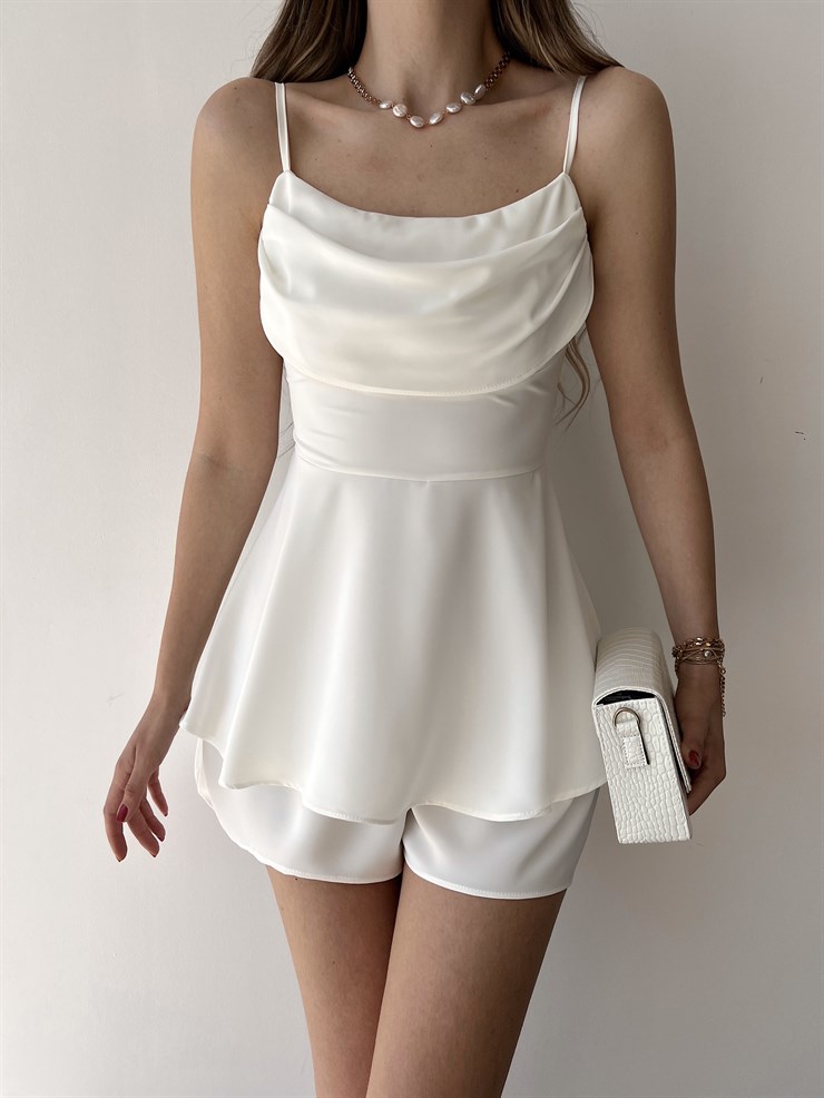 Dökümlü Yaka Eteği Fırfırlı Heather Kadın Beyaz Şort Tulum 22Y000033