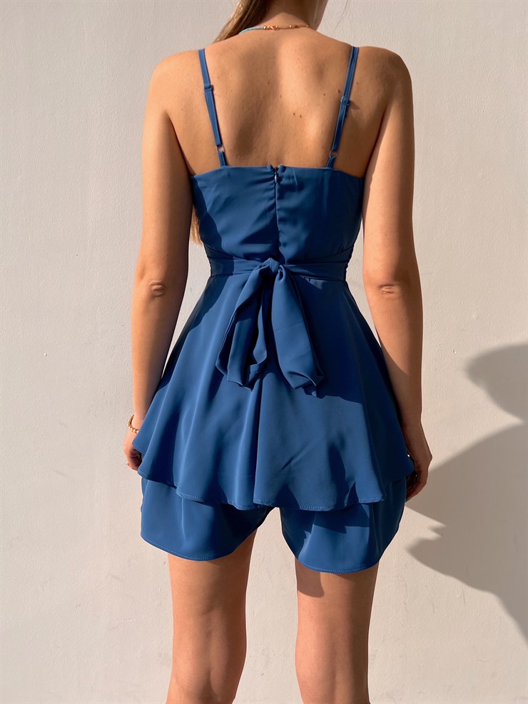 Dökümlü Yaka Eteği Fırfırlı Heather Kadın İndigo Şort Tulum 22Y000033