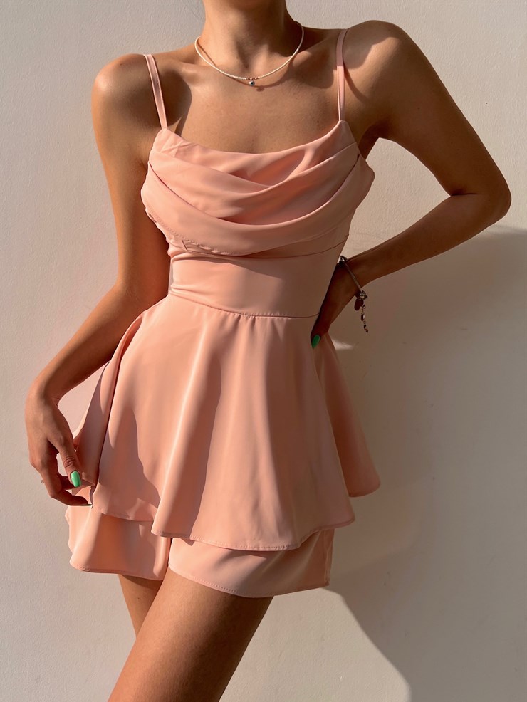 Dökümlü Yaka Eteği Fırfırlı Heather Kadın Pudra Şort Tulum 22Y000033