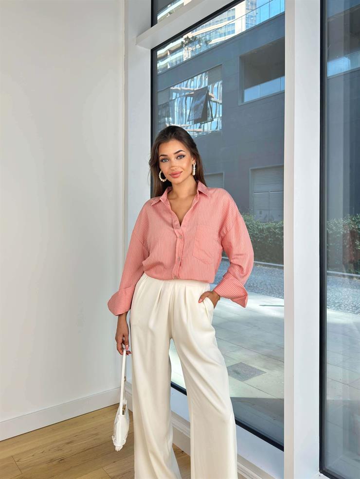 Oversize Arkası Pens Detaylı Dolores Kadın Çizgili Pudra Gömlek 24Y843