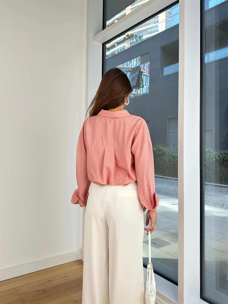 Oversize Arkası Pens Detaylı Dolores Kadın Çizgili Pudra Gömlek 24Y843