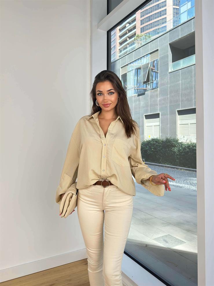 Oversize Arkası Pens Detaylı Dolores Kadın Çizgili Vizon Gömlek 24Y843