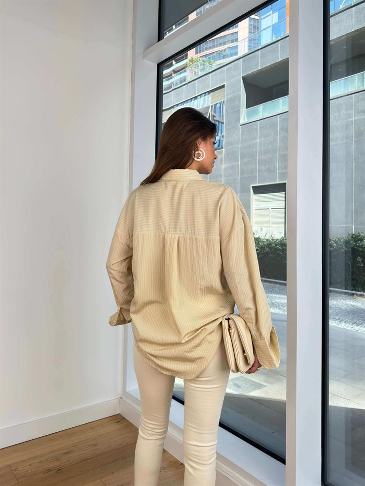 Oversize Arkası Pens Detaylı Dolores Kadın Çizgili Vizon Gömlek 24Y843