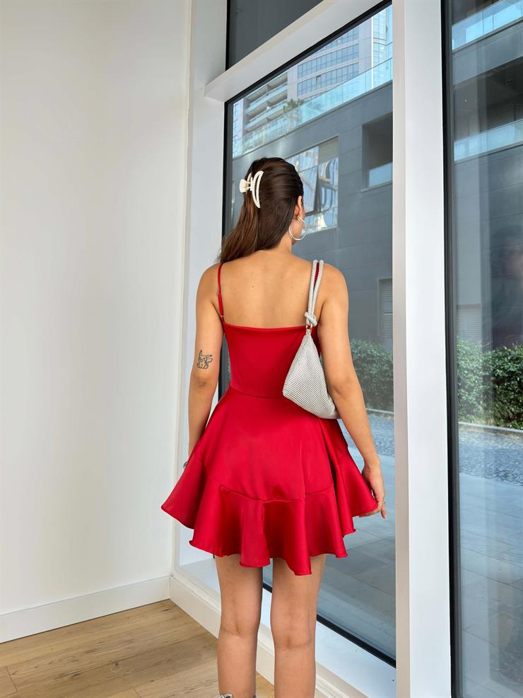 Ayarlanabilir Askılı Korse Görünümlü Eteği Katlı Domin Kadın Kırmızı Mini Saten Elbise 24Y816