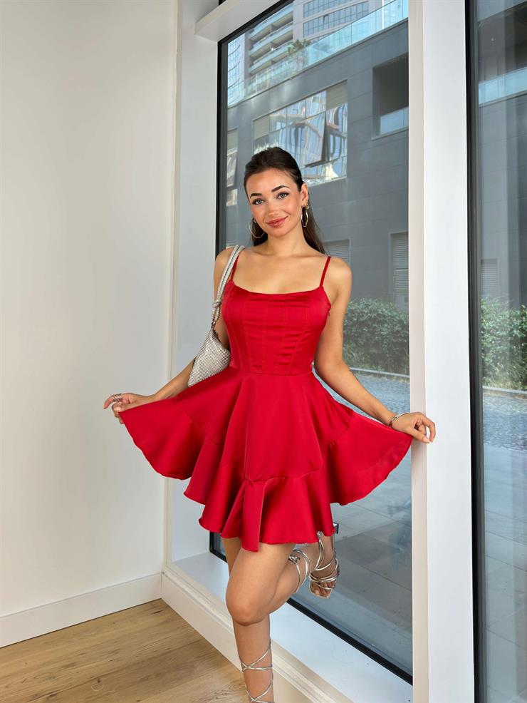 Ayarlanabilir Askılı Korse Görünümlü Eteği Katlı Domin Kadın Kırmızı Mini Saten Elbise 24Y816