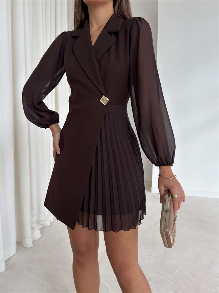 Kruvaze Yaka Tül Kollu Dominik Kahve Kadın Ceket Elbise 26K223