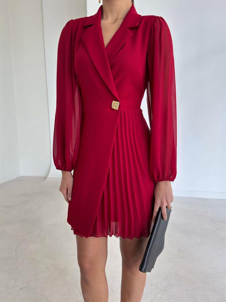 Kruvaze Yaka Tül Kollu Dominik Kırmızı Kadın Ceket Elbise 26K223