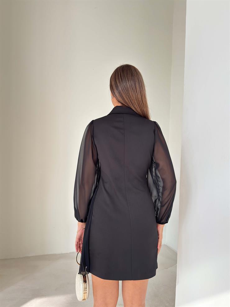 Kruvaze Yaka Tül Kollu Dominik Siyah Kadın Ceket Elbise 26K223
