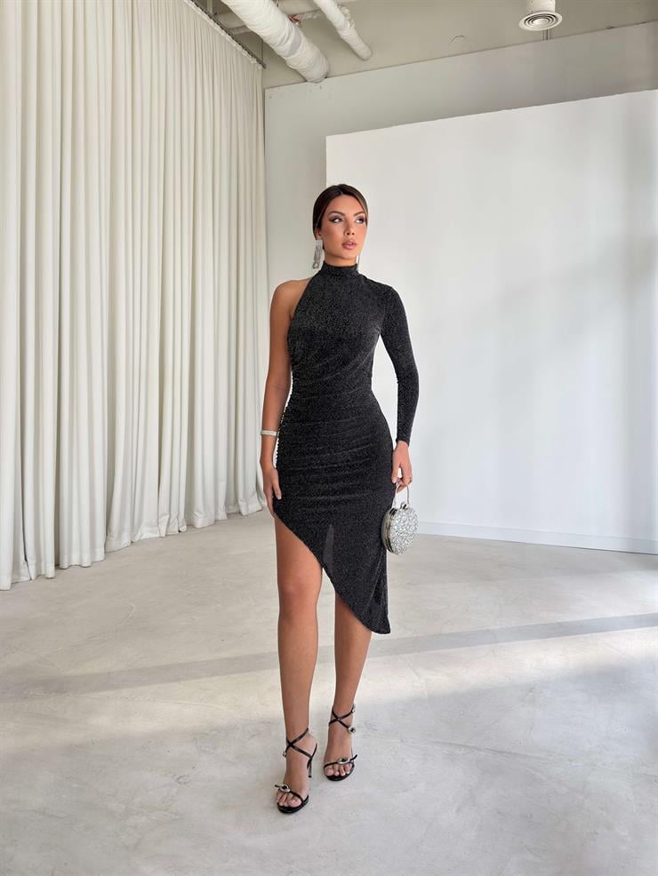 Parlak Tek Kol Asimetrik Kesim Donald Siyah Kadın Elbise 26K224