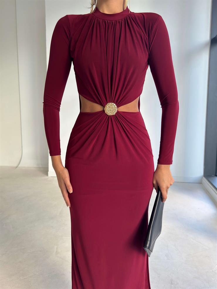 Pencere Detaylı Aksesuarlı Drapeli Donovan Bordo Kadın Elbise 26K225