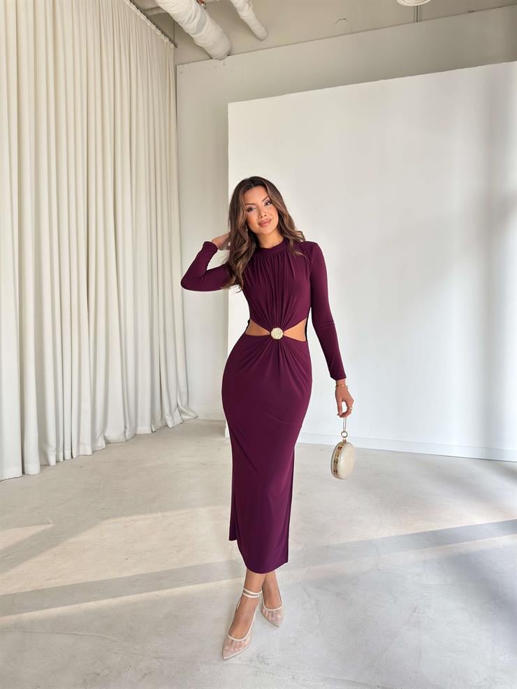 Pencere Detaylı Aksesuarlı Drapeli Donovan Mor Kadın Elbise 26K225