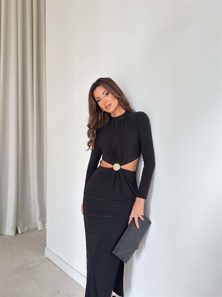 Pencere Detaylı Aksesuarlı Drapeli Donovan Siyah Kadın Elbise 26K225