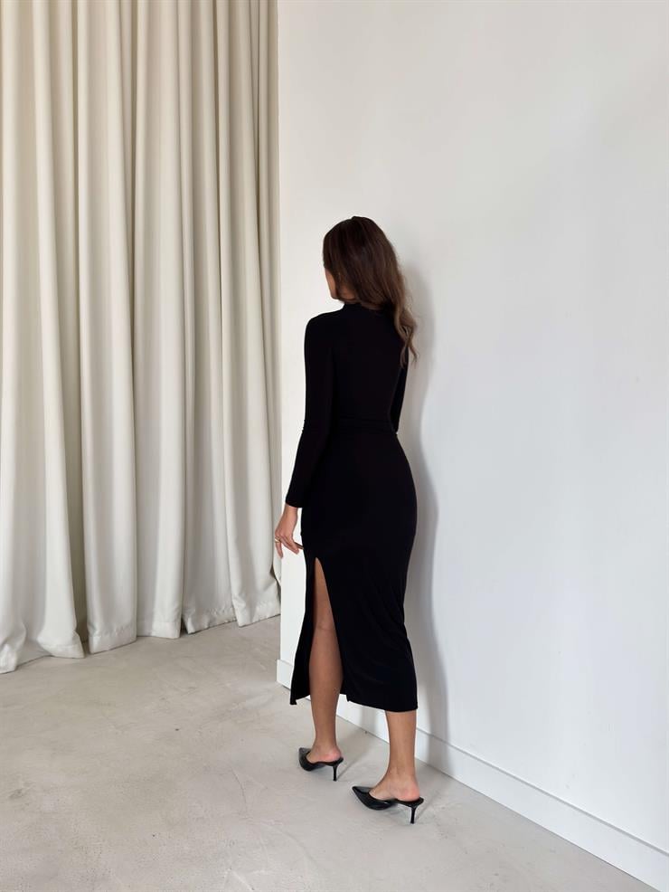 Pencere Detaylı Aksesuarlı Drapeli Donovan Siyah Kadın Elbise 26K225