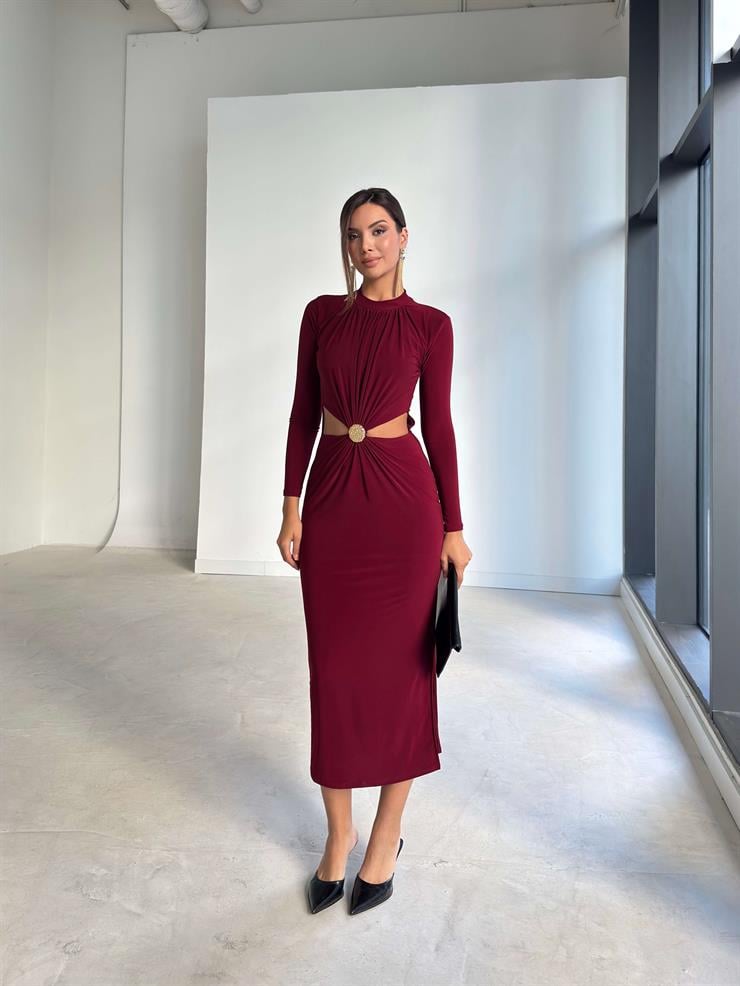 Pencere Detaylı Aksesuarlı Drapeli Donovan Bordo Kadın Elbise 26K225