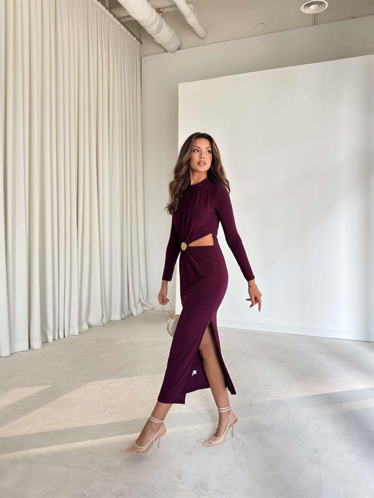 Pencere Detaylı Aksesuarlı Drapeli Donovan Mor Kadın Elbise 26K225