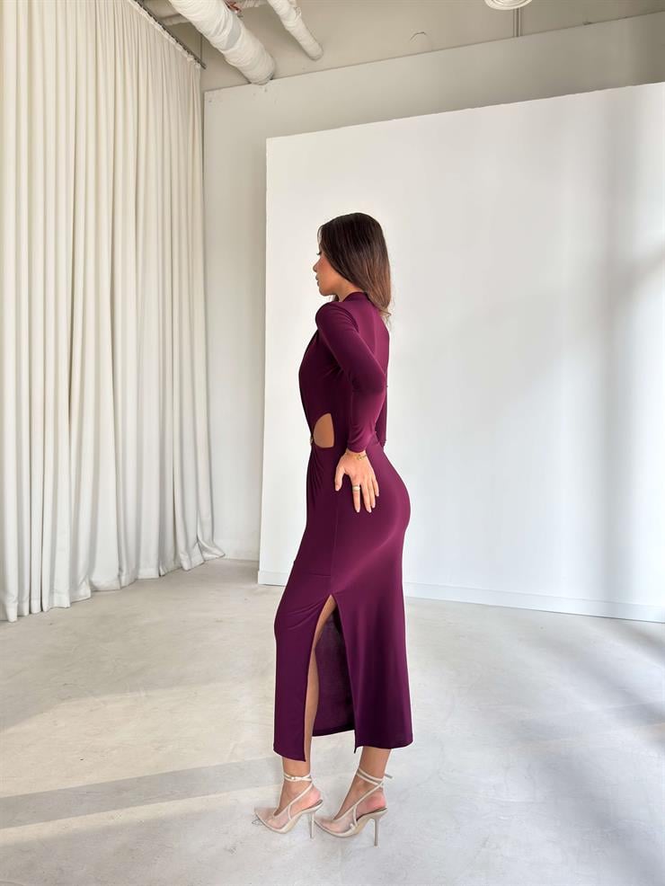 Pencere Detaylı Aksesuarlı Drapeli Donovan Mor Kadın Elbise 26K225