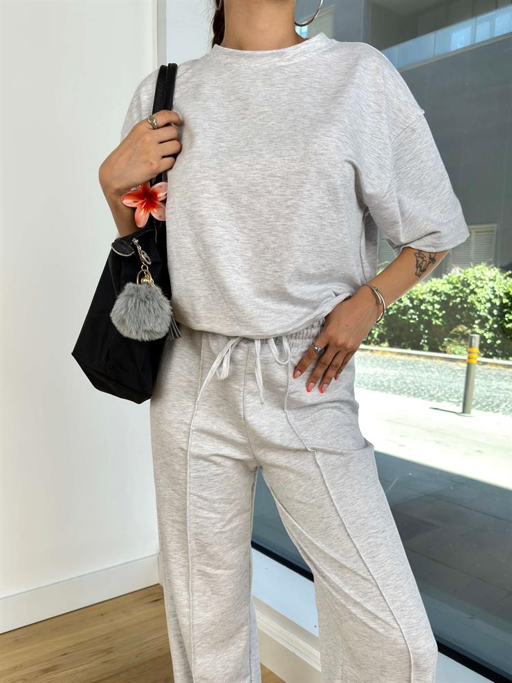 Oversize Tişört Yüksek Bel Bol Paça Eşofman Altı Doresa Kadın Gri Takım 24Y845