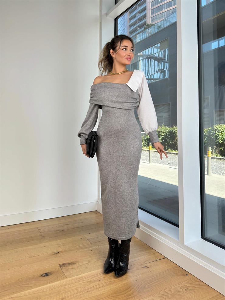 Madonna Yaka Manşet Kol Dorine Gri Kadın Elbise 25K400