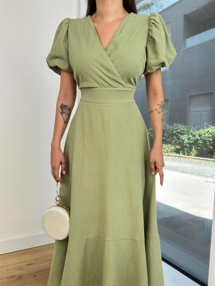 V Yaka Balon Kol Belden Bağlamalı Dorota Kadın Haki Uzun Elbise 24Y792
