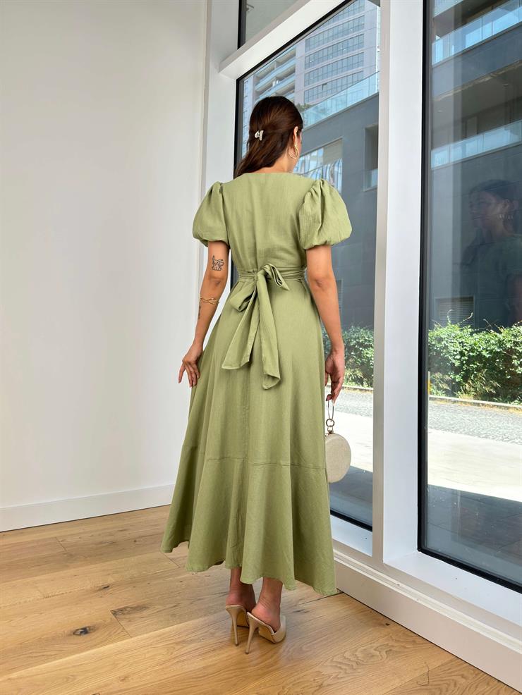 V Yaka Balon Kol Belden Bağlamalı Dorota Kadın Haki Uzun Elbise 24Y792