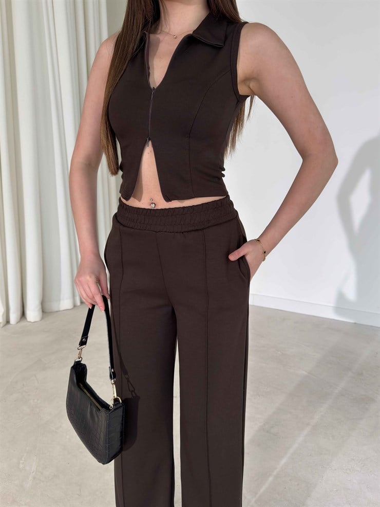 Çift Fermuarlı Cepli Kahverengi Dorothy İkili Kadın Takım 26Y189