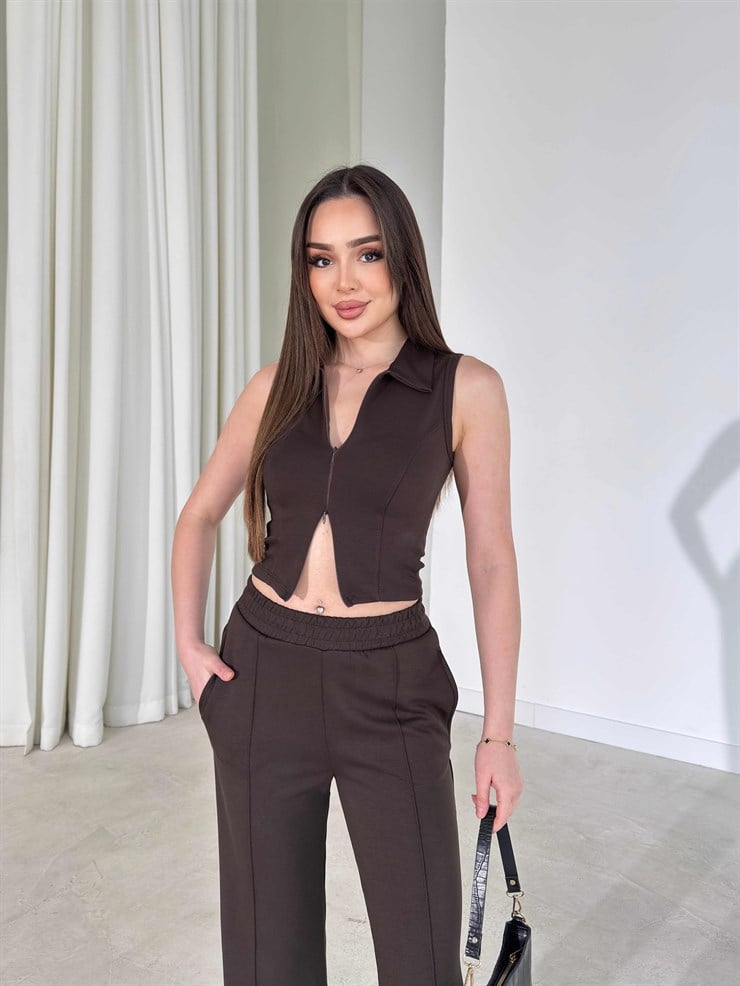 Çift Fermuarlı Cepli Kahverengi Dorothy İkili Kadın Takım 26Y189