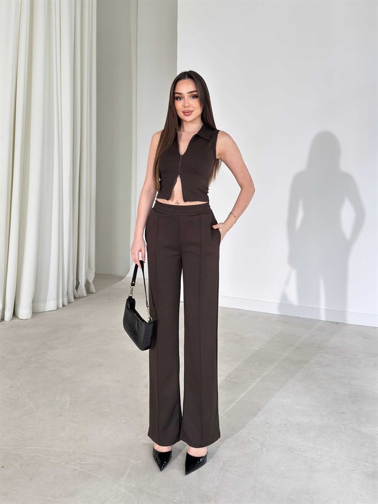 Çift Fermuarlı Cepli Kahverengi Dorothy İkili Kadın Takım 26Y189