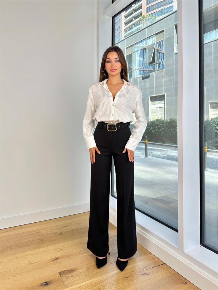 Yüksek Bel Kemerli Doruntina Kadın Siyah Palazzo Pantolon 24Y848