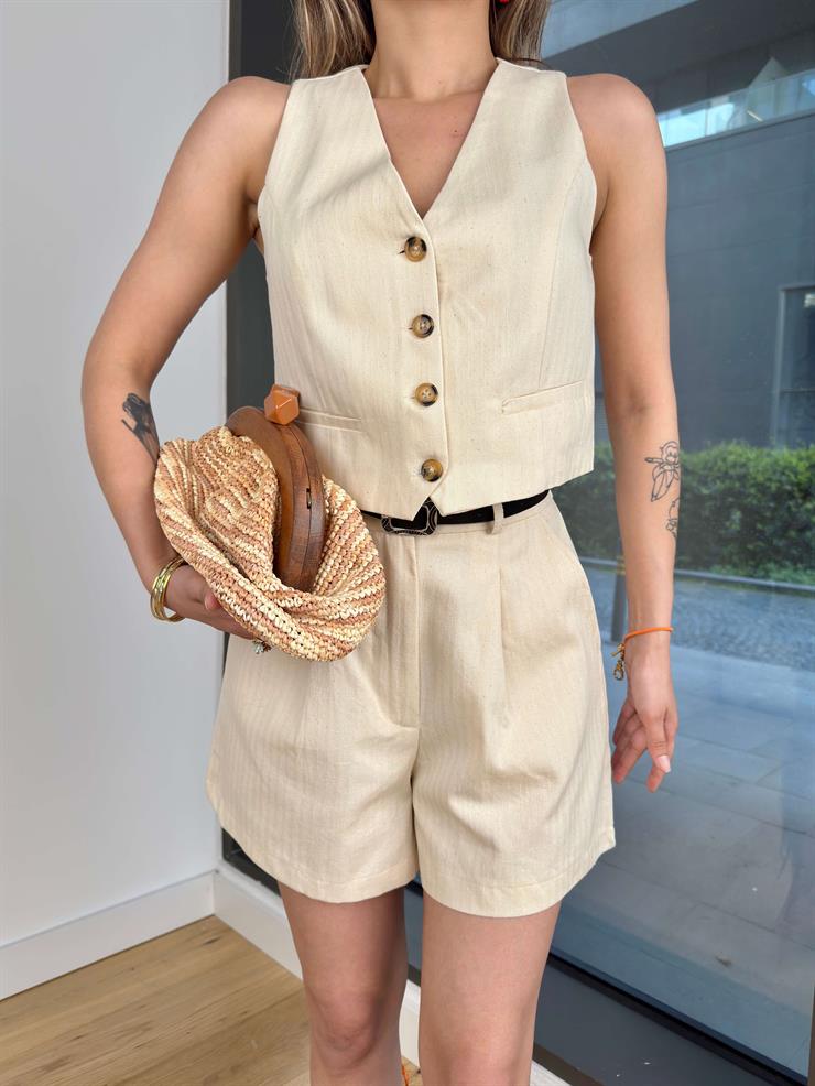 Düğme Kapamalı Dovnt Natural Kadın Crop Yelek 25Y284