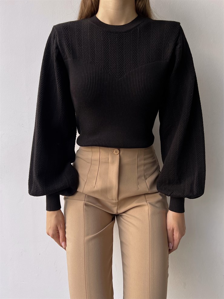 Bisiklet Yaka Balon Kol Doyle Kadın Siyah Triko Kazak 23K000207