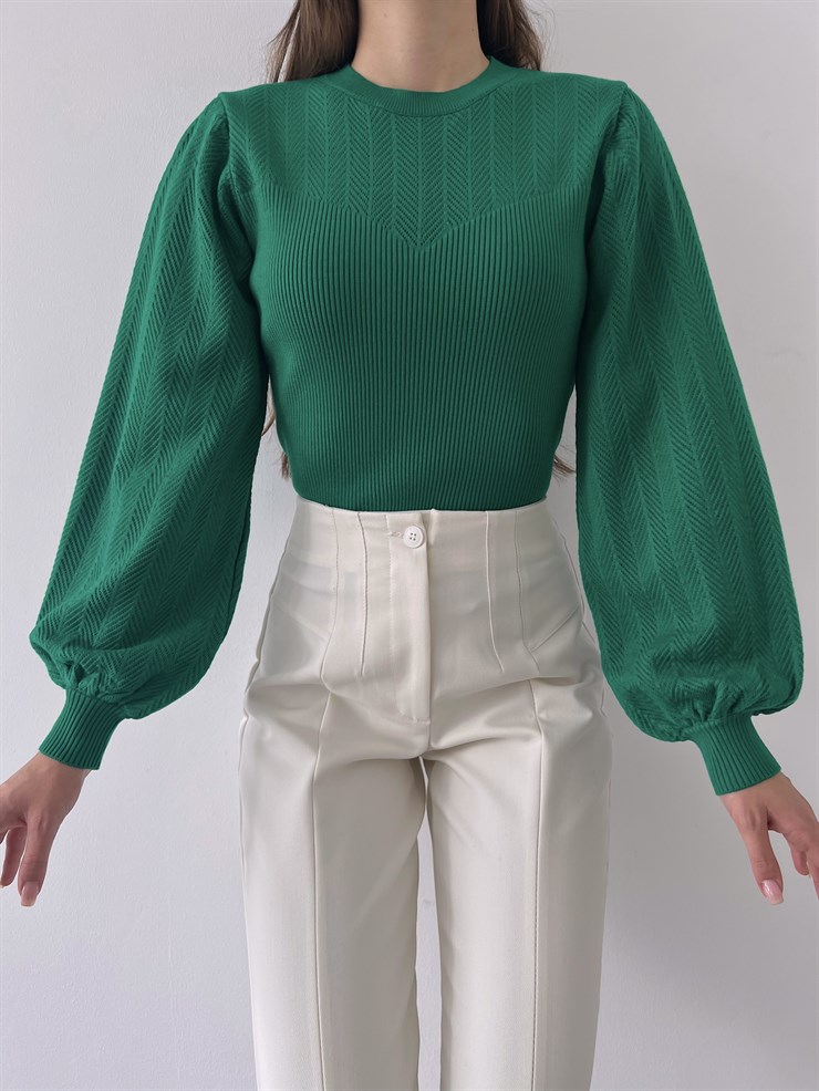 Bisiklet Yaka Balon Kol Doyle Kadın Yeşil Triko Kazak 23K000207