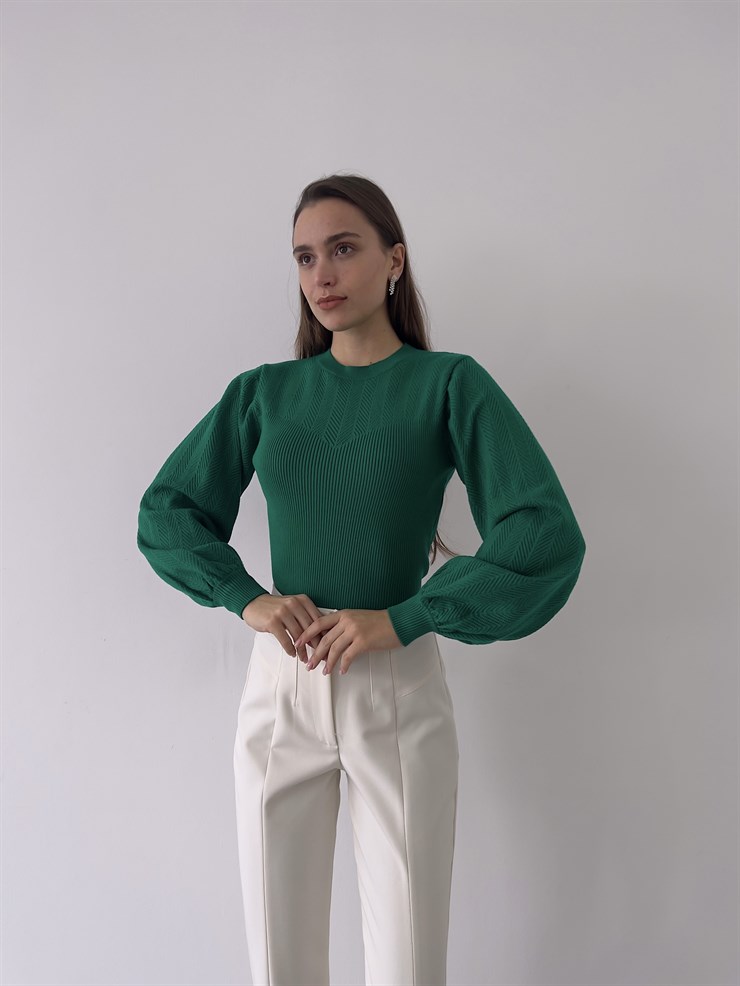 Bisiklet Yaka Balon Kol Doyle Kadın Yeşil Triko Kazak 23K000207