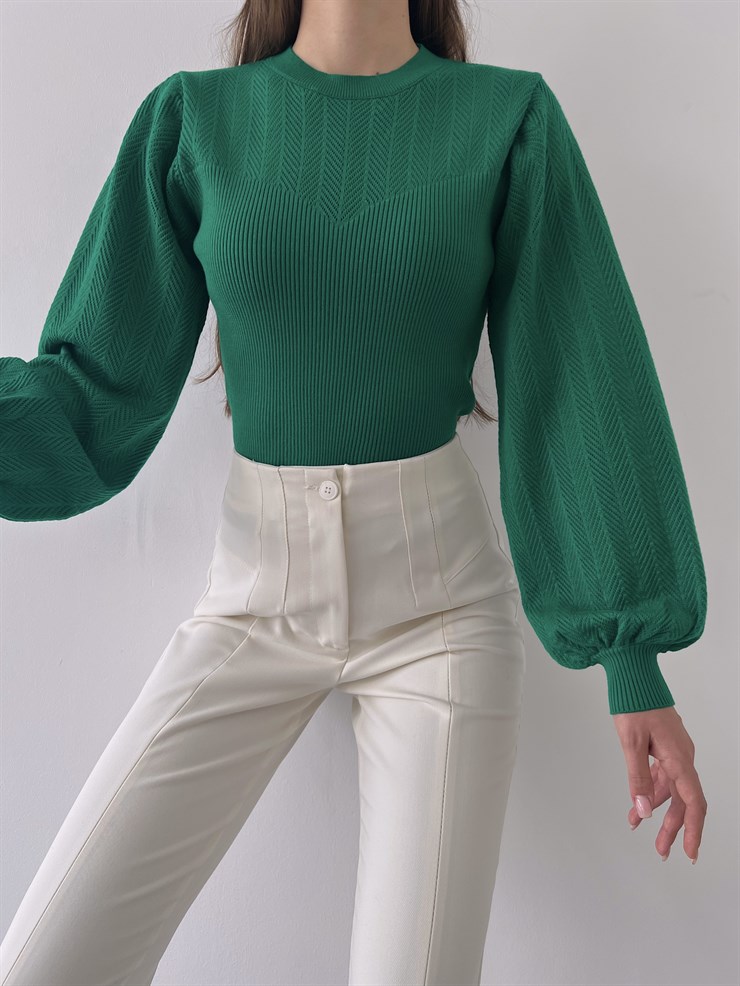 Bisiklet Yaka Balon Kol Doyle Kadın Yeşil Triko Kazak 23K000207