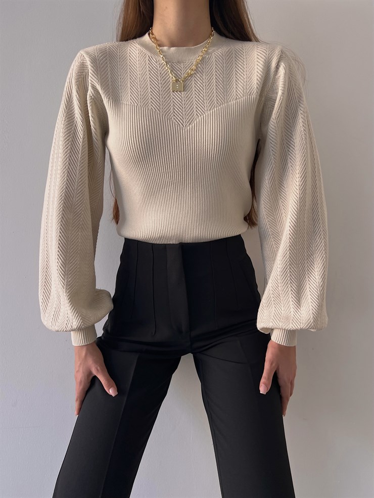 Bisiklet Yaka Balon Kol Doyle Kadın Taş Triko Kazak 23K000207