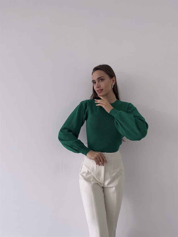 Bisiklet Yaka Balon Kol Doyle Kadın Yeşil Triko Kazak 23K000207