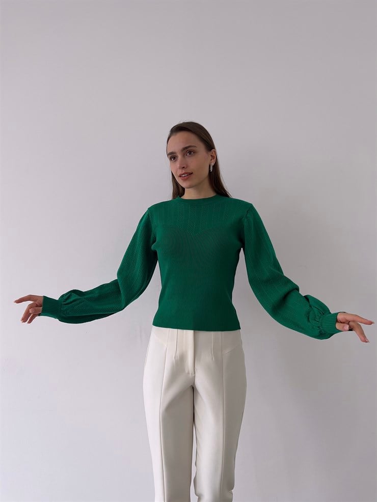 Bisiklet Yaka Balon Kol Doyle Kadın Yeşil Triko Kazak 23K000207