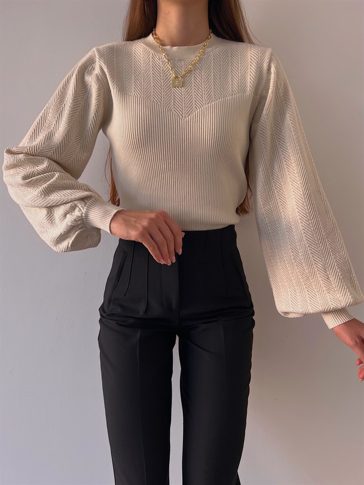 Bisiklet Yaka Balon Kol Doyle Kadın Taş Triko Kazak 23K000207