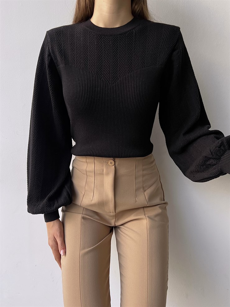 Bisiklet Yaka Balon Kol Doyle Kadın Siyah Triko Kazak 23K000207