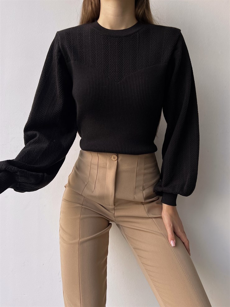 Bisiklet Yaka Balon Kol Doyle Kadın Siyah Triko Kazak 23K000207