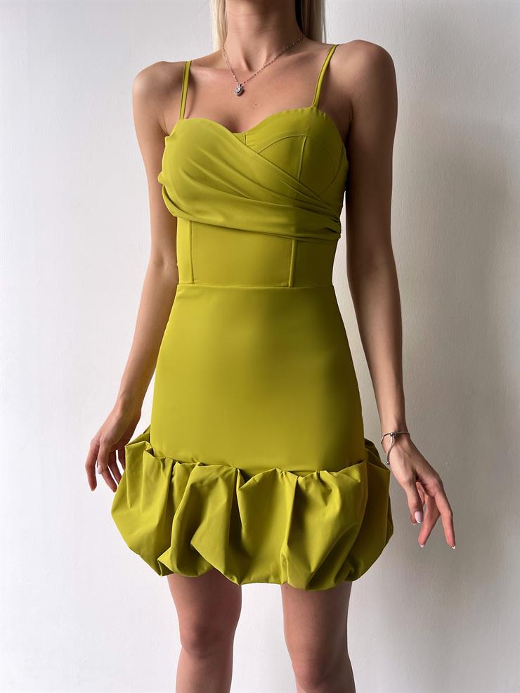 Ayarlanabilir İnce Askılı Göğüs Kısmı Drape Detaylı Doze Kadın Yağ Yeşili Mini Elbise 23Y000403