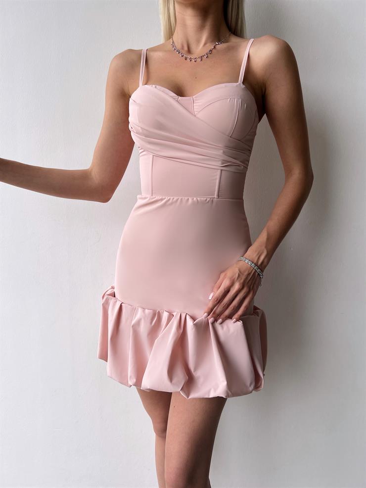 Ayarlanabilir İnce Askılı Göğüs Kısmı Drape Detaylı Doze Kadın Pudra Mini Elbise 23Y000403