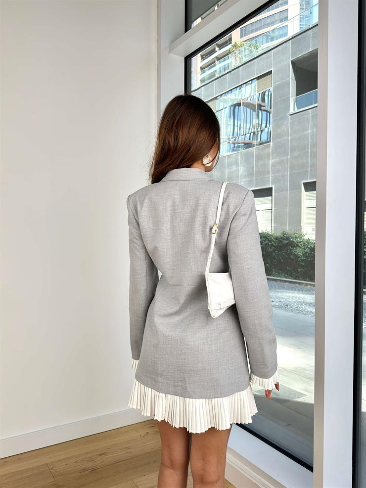 Kruvaze Yaka Düğmeli Drago Kadın Gri Ceket Elbise 25K045