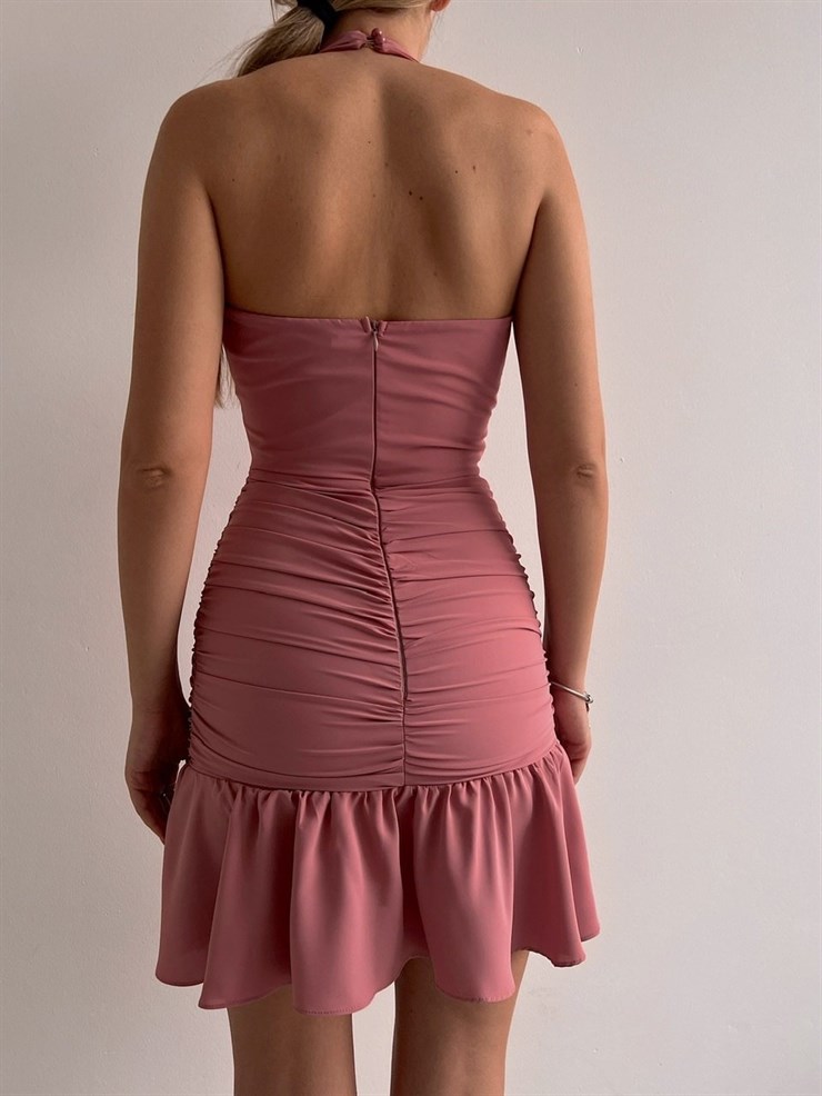 Drape Boyundan Bağlama Eteği Volanlı Kadın Pudra  Elbise 22K000528