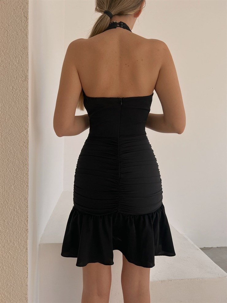 Drape Boyundan Bağlama Eteği Volanlı Kadın Siyah  Elbise 22K000528