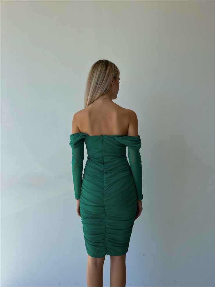 Drape Detaylı Düşük Omuz Uzun Tül Kol Marky Kadın Yeşil Midi Boy Elbise 23K000093