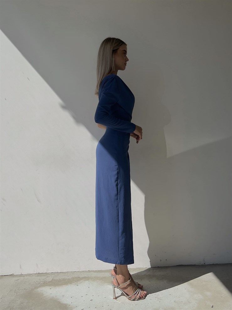 Drape Detaylı Tek Omuz Etek Kısmı Kruvaze Yırtmaçlı Lowry Kadın İndigo Midi Boy Elbise 23K000091